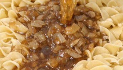 Pour canned french onion soup and these 2 ingredients over uncooked egg noodles into a casserole dish for a savory feast you won’t be able to get enough of
